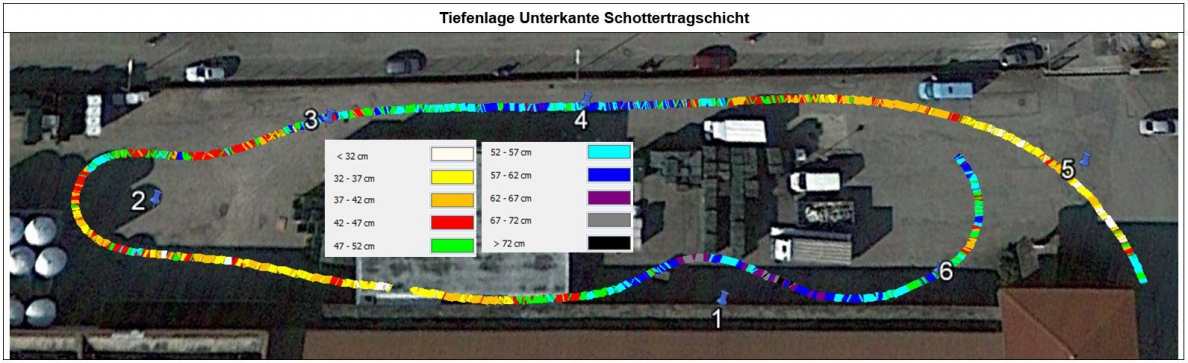 ausgewertet Georadardaten in der Luftbilddarstellung – Unterkante Schottertragschicht